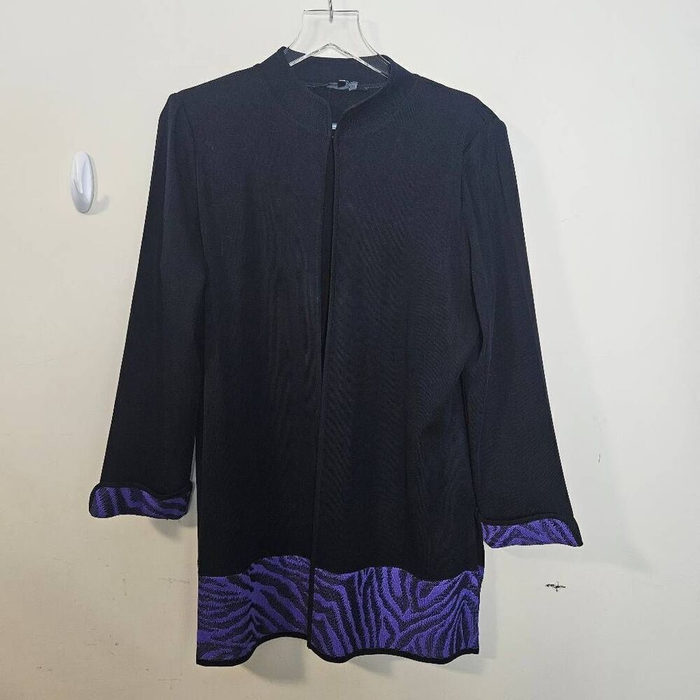 Ming Wang Acrylic Purple Zebra Print Open Front Longline Cardigan Large